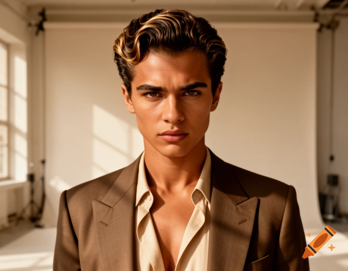 A man with dark, wavy hair with blonde highlights, wearing a brown suit jacket over an open beige shirt, looking directly at the viewer in a sunlit studio.