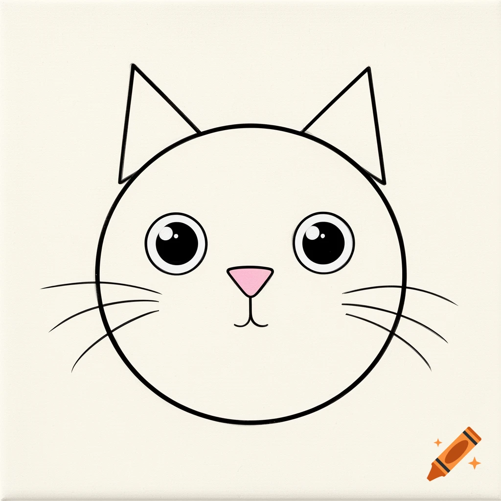 Simple cartoon illustration of a white cat's head with big black eyes, a pink nose, and whiskers on a light background.