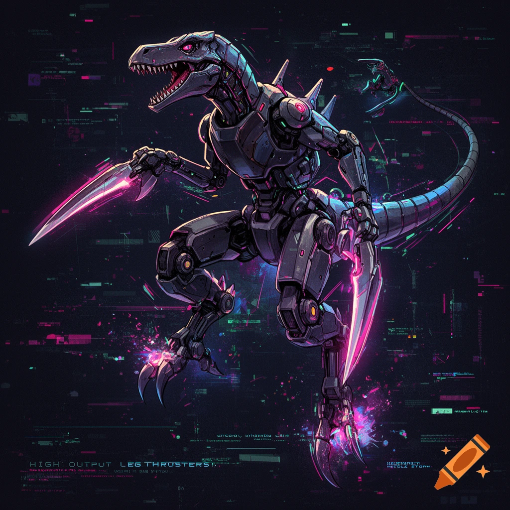 A stylized, dark gray robotic dinosaur with glowing pink blades and claws, against a glitchy, cyberpunk-style dark background with abstract data readouts.