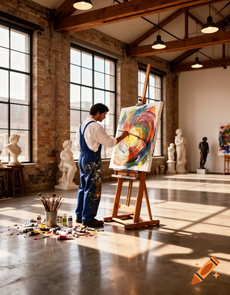 An artist in paint-splattered overalls paints a colorful abstract swirl on a canvas in a sunlit art studio.