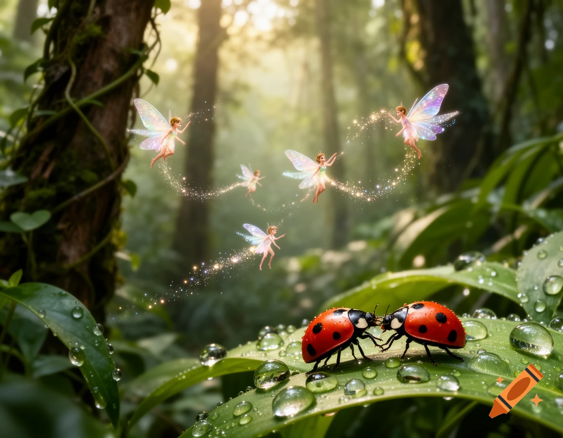 Five glowing fairies with iridescent wings fly above two red ladybugs on a dewy green leaf in a magical sunlit rainforest.
