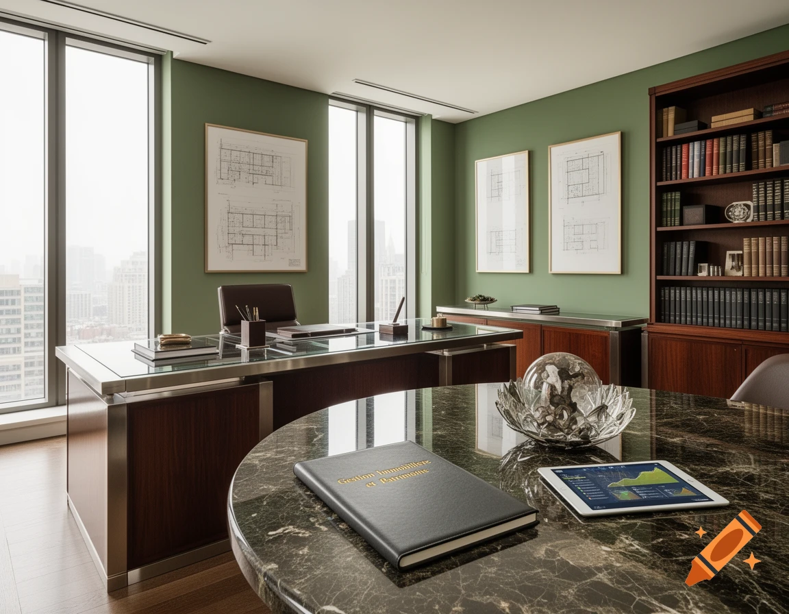 A modern, elegant office with green walls, large windows overlooking a city, a large wooden and metal desk, a round marble table, and a bookshelf.