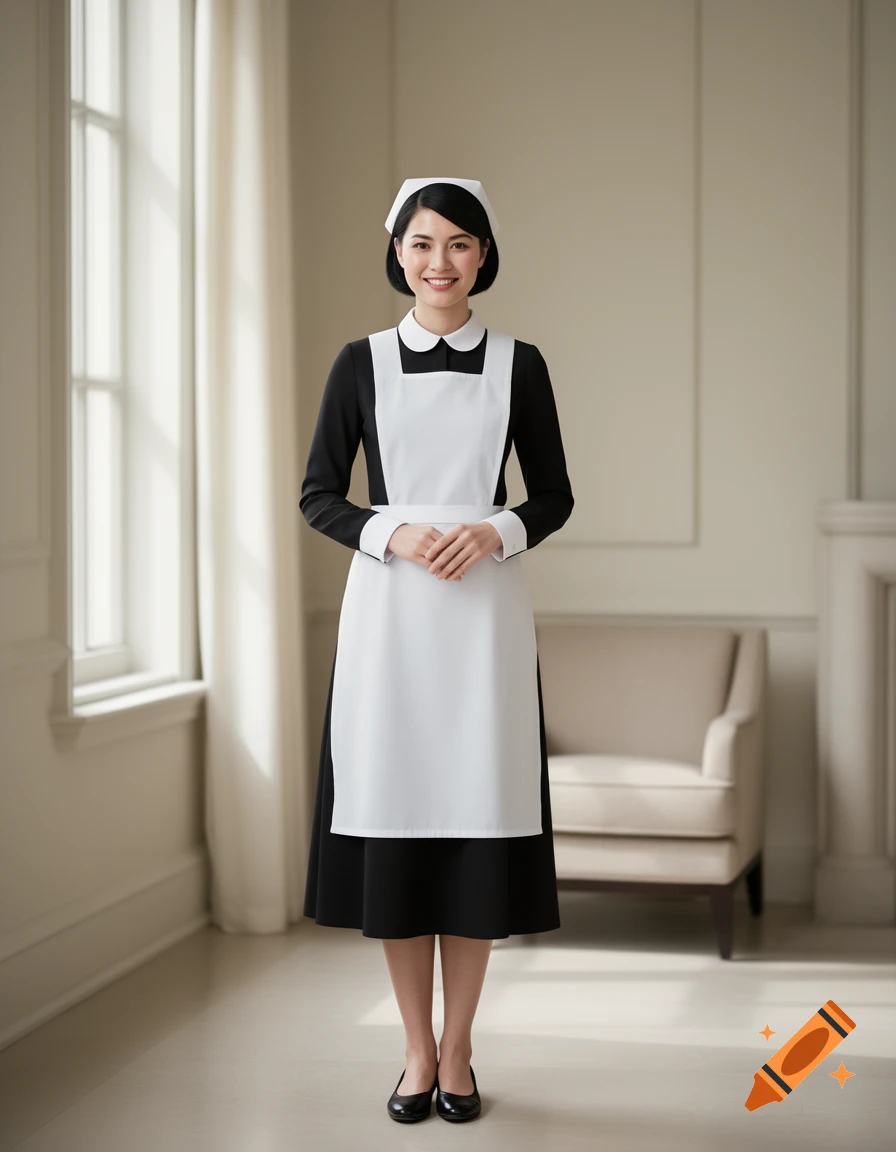 A smiling woman in a black maid uniform with a white apron, collar, cuffs, and headpiece stands in a room.