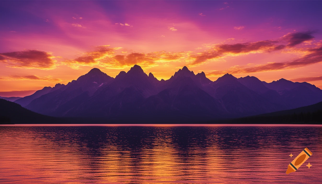 Vibrant sunset sky in purple, pink, and orange over dark mountains reflected in a calm lake.