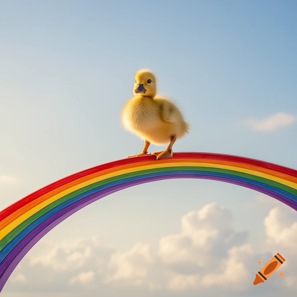 A fluffy yellow duckling stands on a vibrant rainbow arching across a clear blue sky with white clouds.