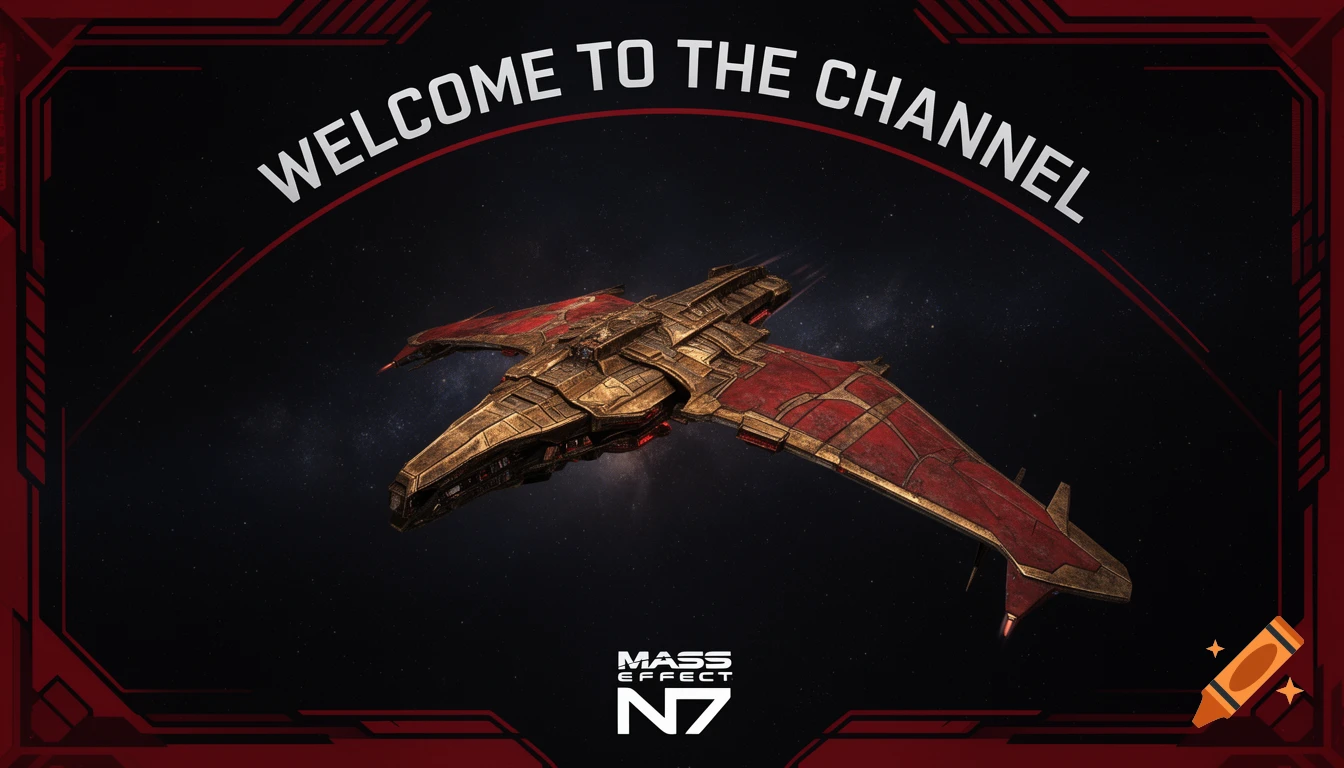 A red and gold futuristic spaceship flying in space, framed by a red border with 'WELCOME TO THE CHANNEL' text and 'MASS EFFECT N7' logo.