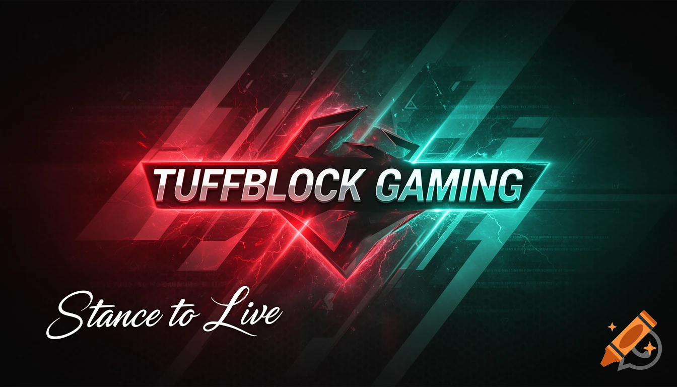 A dynamic red and cyan gaming logo for 'TUFFBLOCK GAMING' with a lightning background, 'Stance to Live' in script, and a WhatsApp icon.