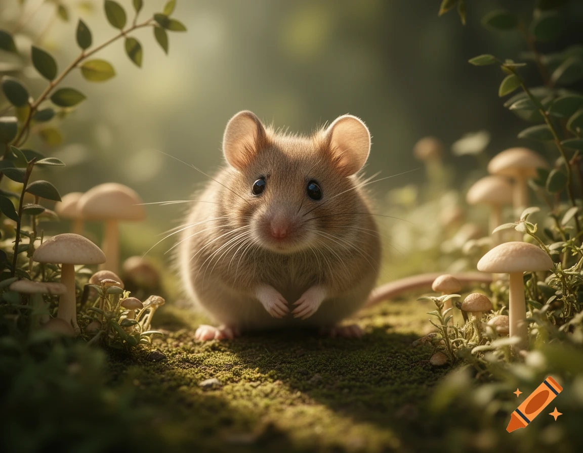 A fluffy brown mouse on mossy ground, surrounded by small mushrooms and green plants in soft light. Photorealistic.