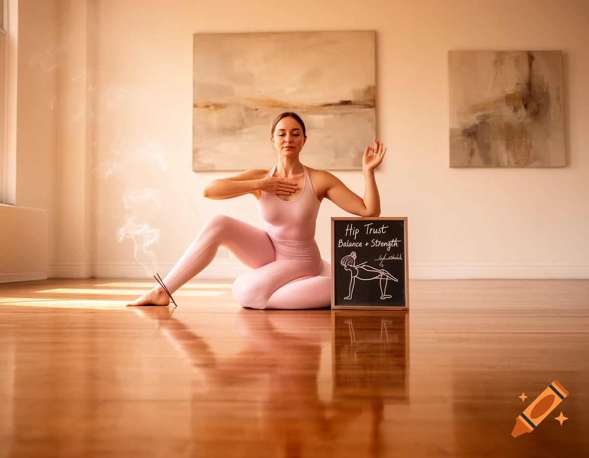 A woman in pink activewear in a yoga pose on a wooden floor in a sunny studio, with incense and a chalkboard for 'Hip Trust Balance + Strength'.