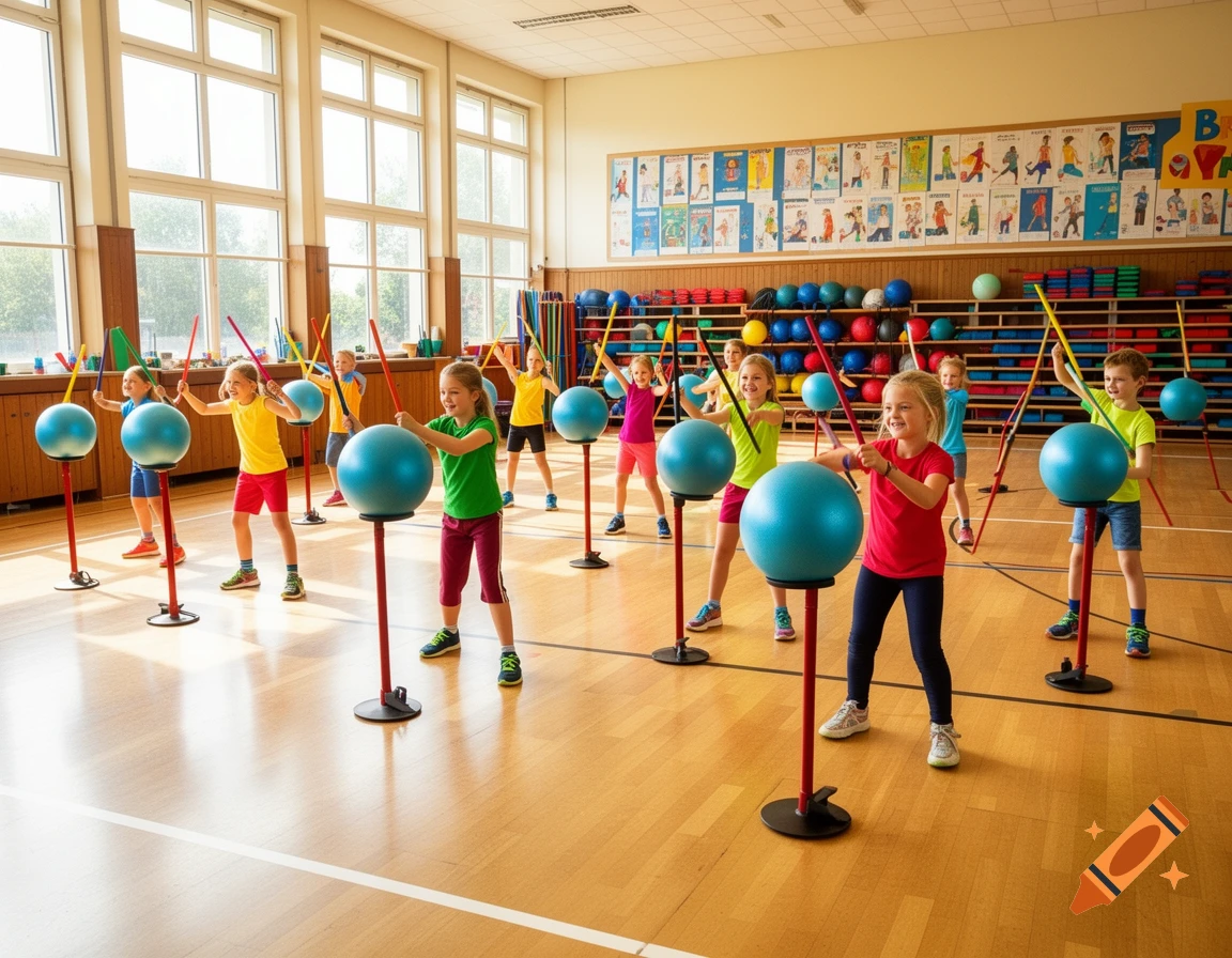 Children smiling and drumming on blue exercise balls with colorful sticks in a well-lit school gym.