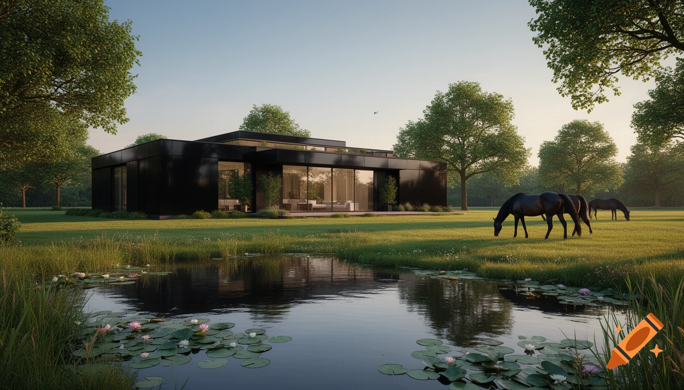 A modern black luxury villa sits beside a pond with lily pads, surrounded by green trees and grazing horses in a peaceful landscape.
