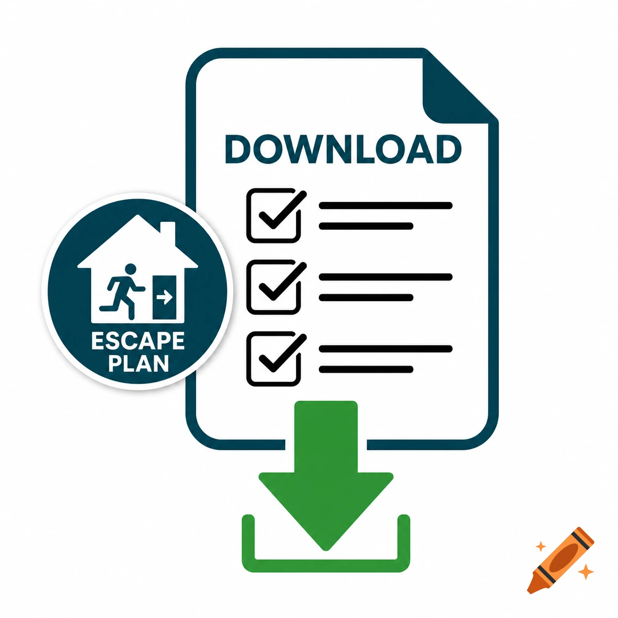 An icon depicting a document with the word DOWNLOAD and a checklist, a green download arrow, and an escape plan icon of a person exiting a house.