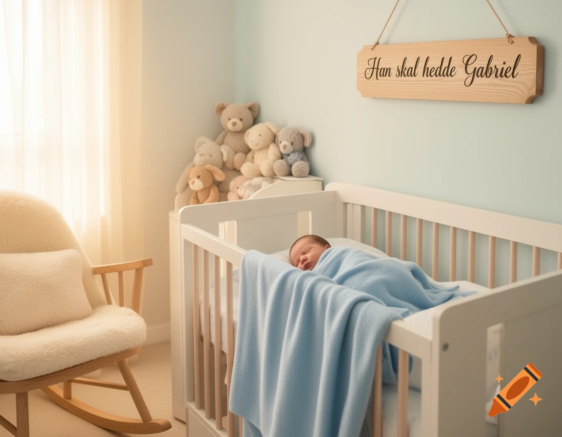 A sleeping baby in a crib in a brightly lit nursery, with teddy bears, a rocking chair, and a wooden sign.