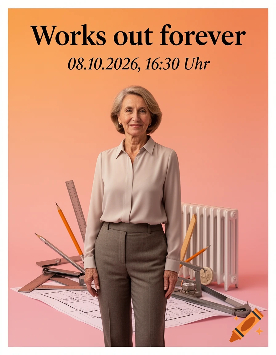 Photorealistic portrait of a smiling older woman in business attire with architectural tools, ruler, and blueprint, under event text.