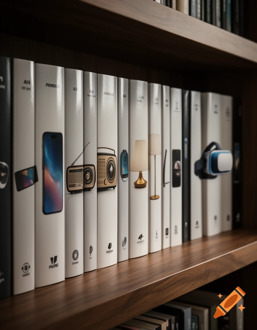 Close-up of a wooden bookshelf with white book spines featuring various electronic devices like a smartphone, radio, lamp, and VR headset.