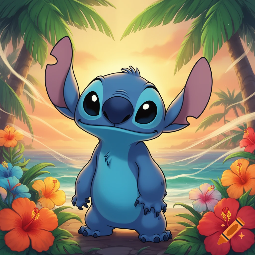 A cute blue alien character, Stitch, stands on a tropical beach with palm trees and colorful hibiscus flowers at sunset, in an animated style.