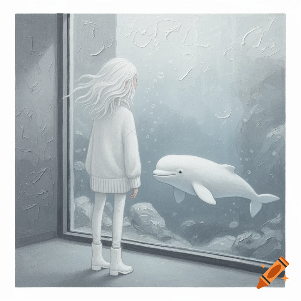 Dreamy monochromatic illustration of a whimsical character with white hair looking at a beluga whale through an aquarium glass.