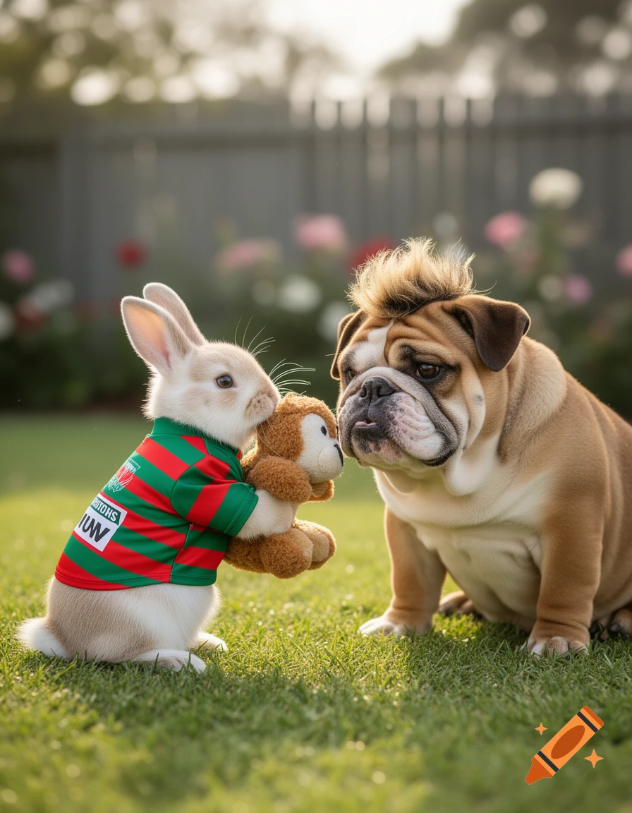 A bunny in a red and green striped jersey holds a monkey toy to a bulldog pup with a mohawk on green grass.