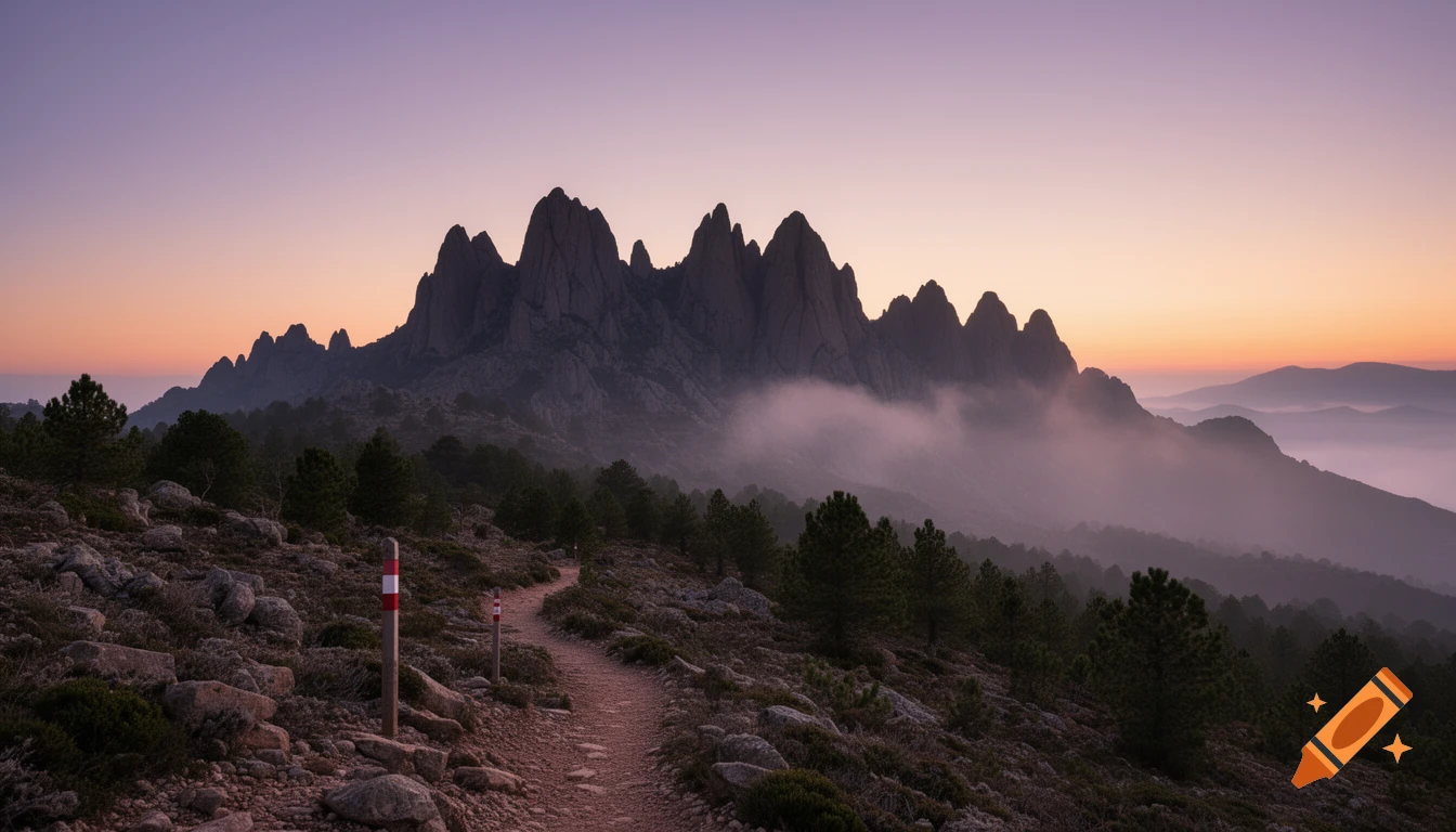 A winding dirt hiking trail ascends a rocky, forested slope towards jagged mountain silhouettes partially obscured by mist at sunset.