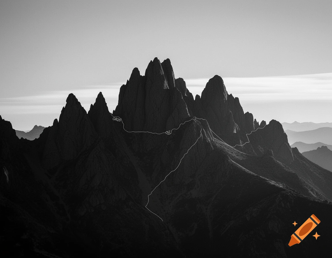 Black and white silhouette of jagged mountain peaks with a winding path marked GR20.