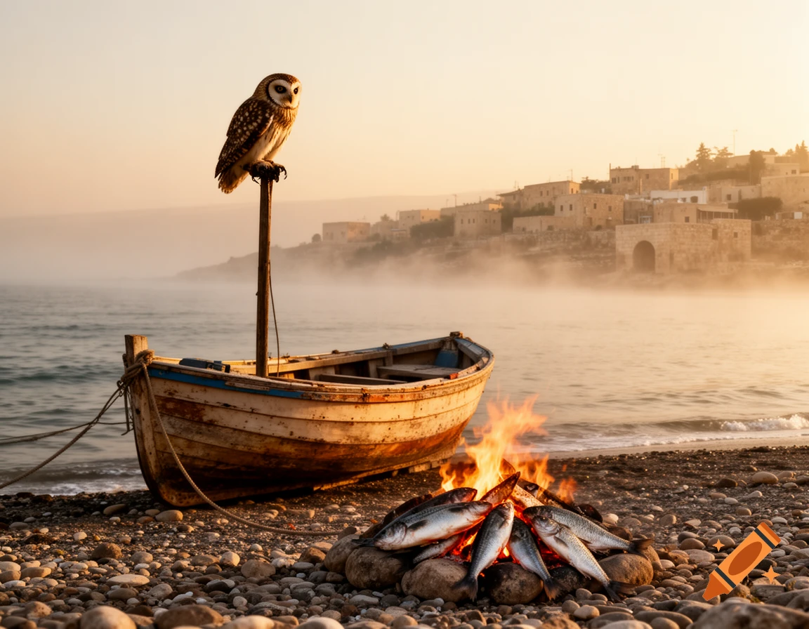 Photorealistic scene of an owl perched on a boat mast, overlooking fish cooking on a campfire by a misty lake with a village in the background.