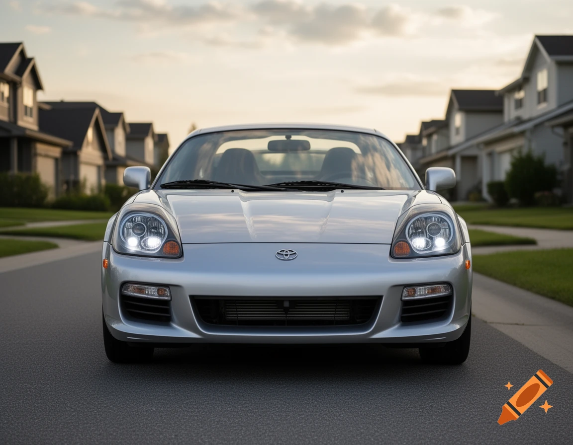 A silver Toyota MR2 sports car is parked on a suburban street, viewed from the front, with houses in the background under a sunset sky.