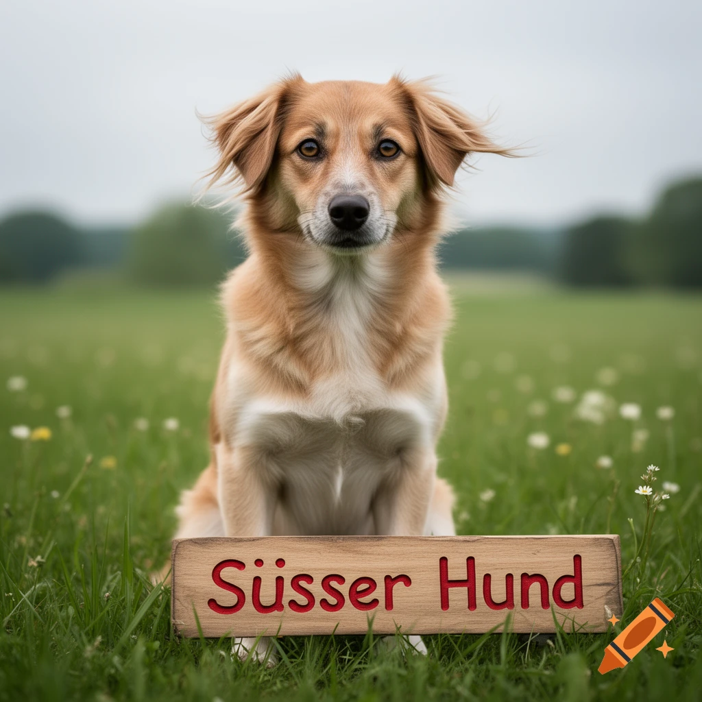 A brown and white dog sits in a grassy field with a wooden sign reading "Süsser Hund" in front of it.