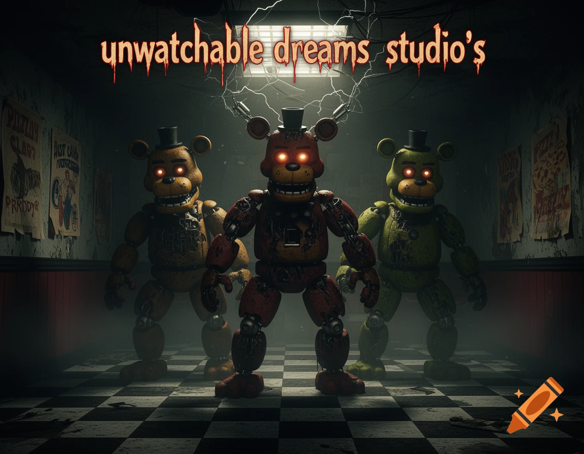 Three scary Five Nights at Freddy's animatronics with glowing red eyes stand in a dark room. Text 'unwatchable dreams studio's' overhead.