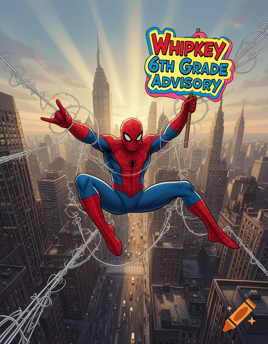 Comic art Spider-Man swings above a city, holding a sign 'WHIPKEY 6TH GRADE ADVISORY'.