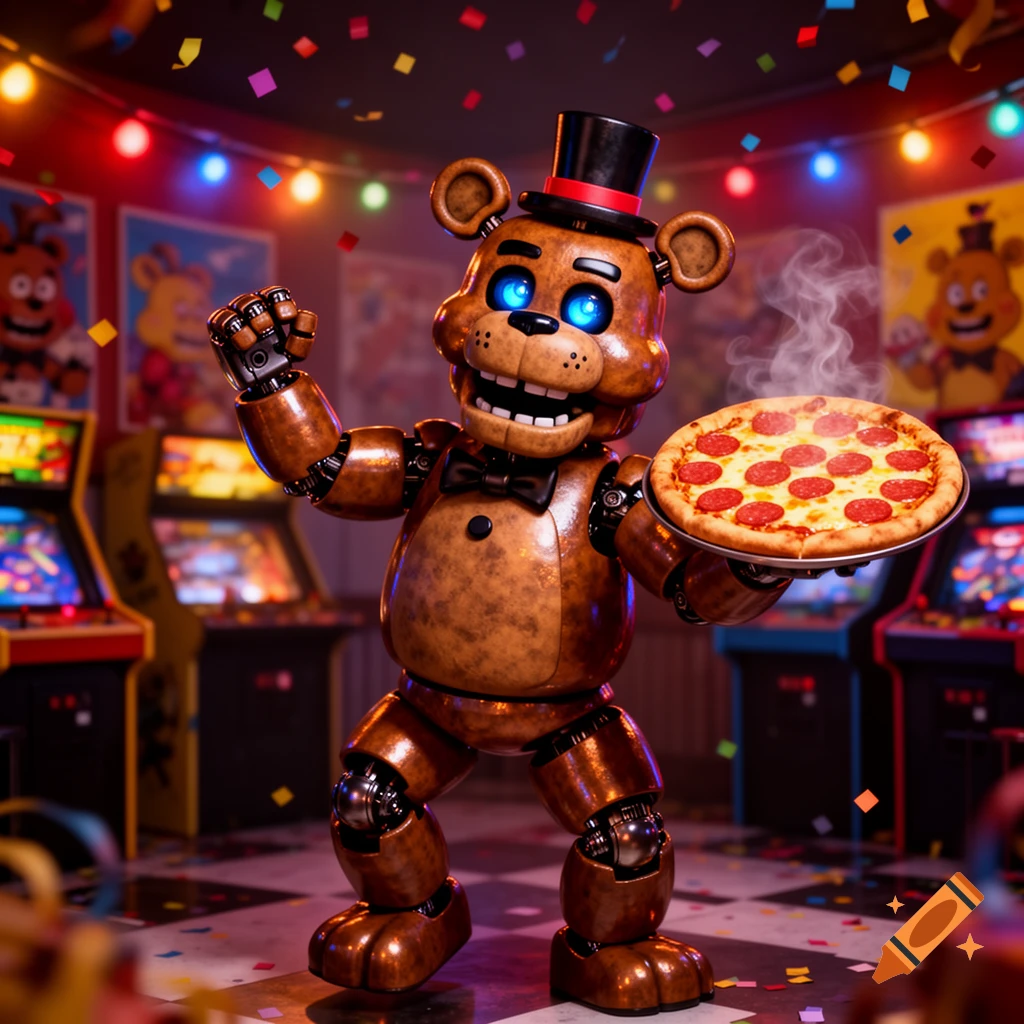 Freddy Fazbear, a brown animatronic bear in a top hat, dances in a colorful arcade while holding a steaming pepperoni pizza.