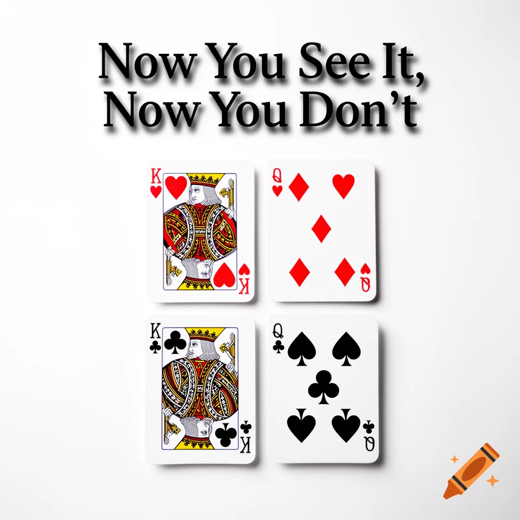 Four playing cards arranged on a white surface with the text 'Now You See It, Now You Don't' above them.