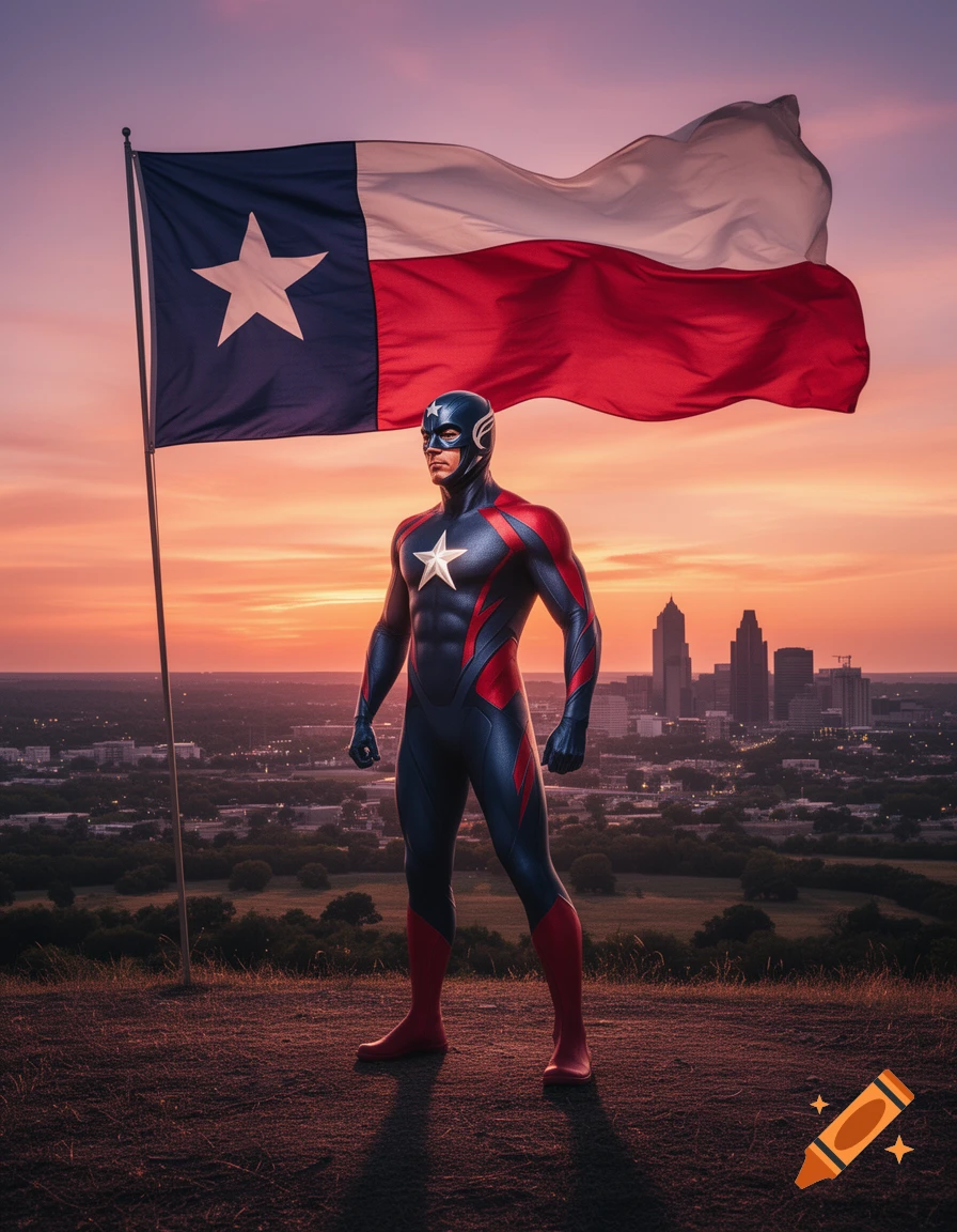 A photorealistic superhero in a blue, red, and white suit with a star stands proudly on a hill overlooking a city at sunset, with a large Texas flag waving behind him.