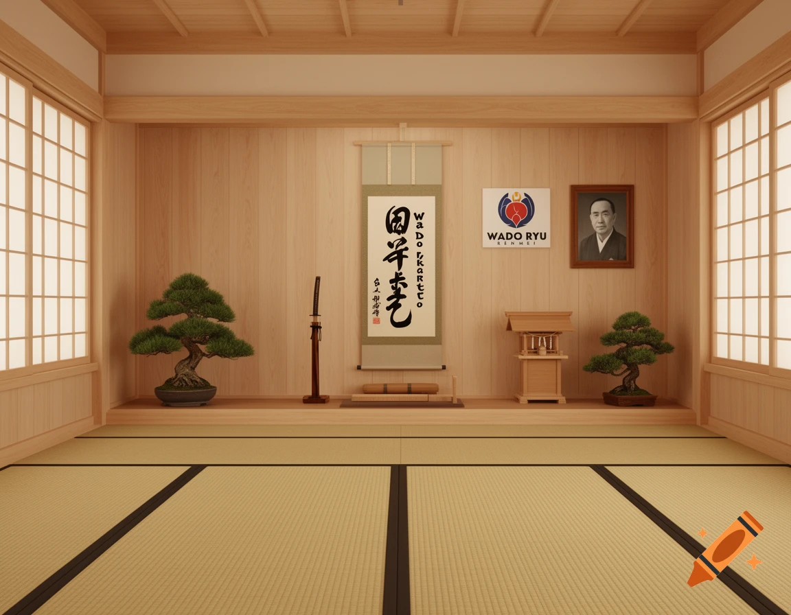 A clean, cinematic illustration of a traditional Japanese dojo interior with light wooden panels, tatami floor, bonsai trees, a sword stand, and a calligraphy scroll with 'Wado Ryu Karate Do' text and 'Wado Ryu Renmei' logo.