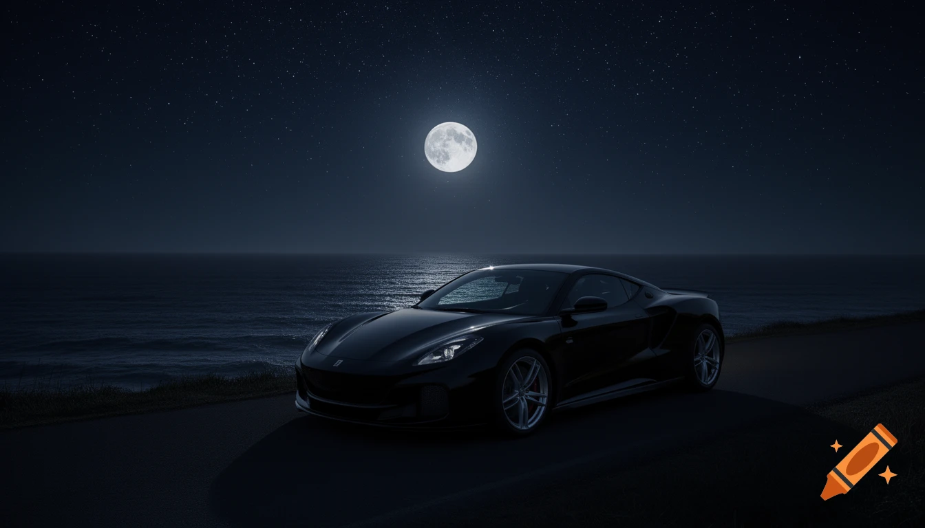 A black sports car on a dark coastal road under a full moon and starry night sky, with the ocean reflecting moonlight.