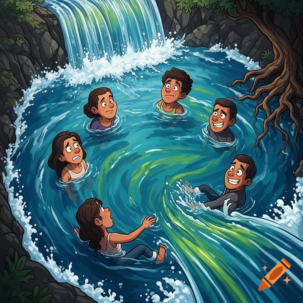 Witty-cartoon of several people in a river with a strong current near a waterfall, some looking worried, others smiling.
