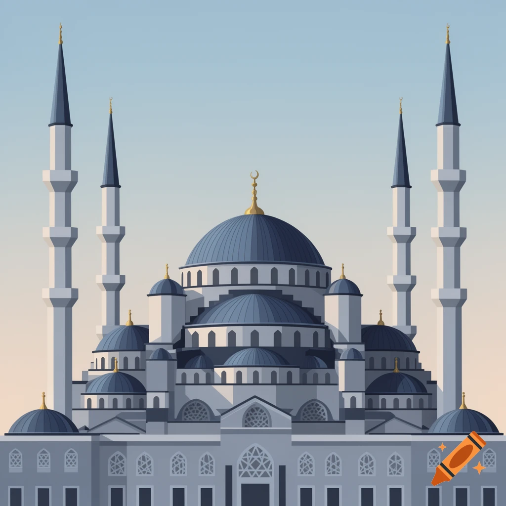 Stylized illustration of a mosque with blue domes and multiple tall minarets under a clear sky.