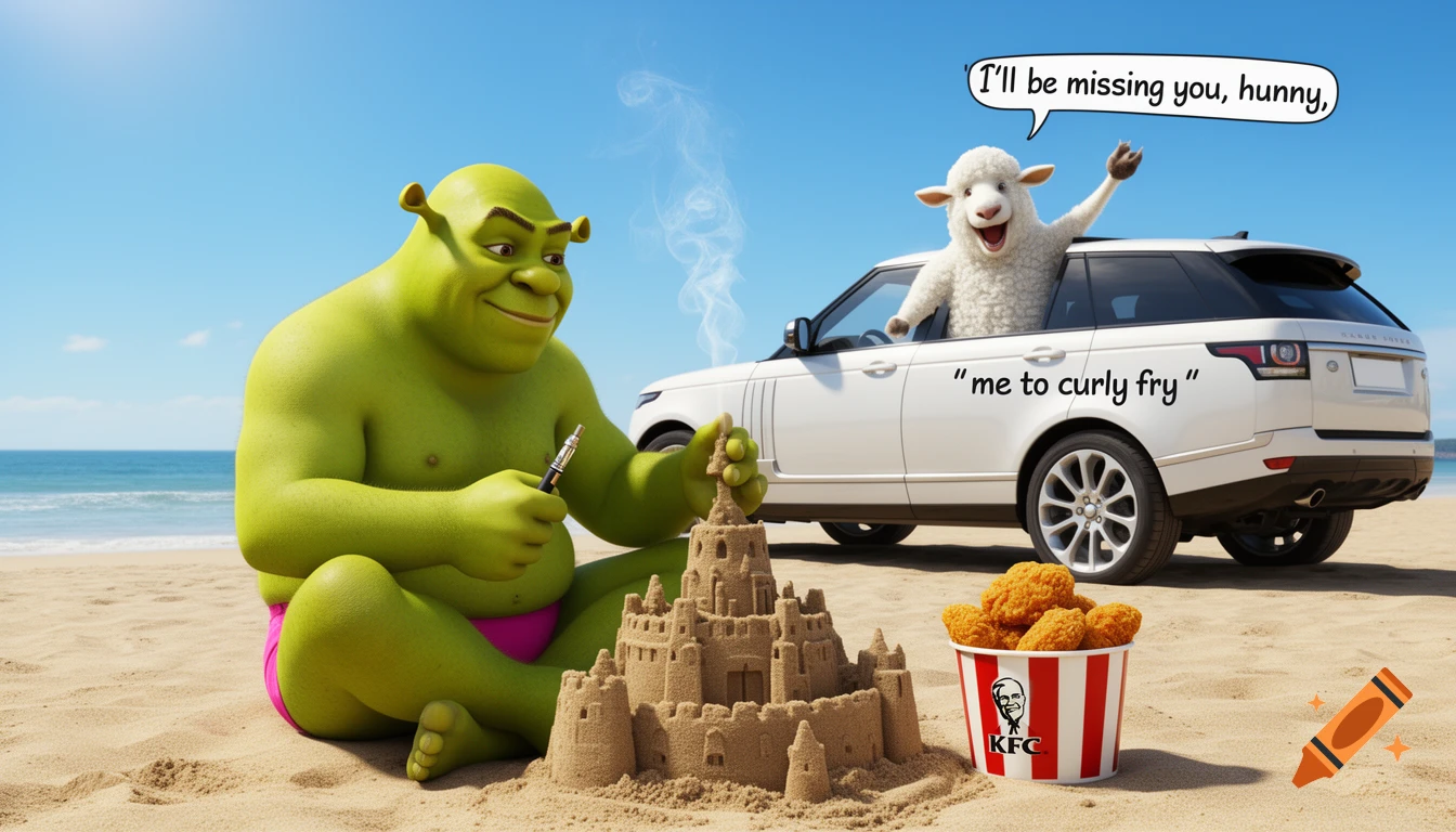 Shrek in a pink speedo vapes on a beach, building a sandcastle, with a KFC bucket nearby. A sheep waves from a white car in the background.