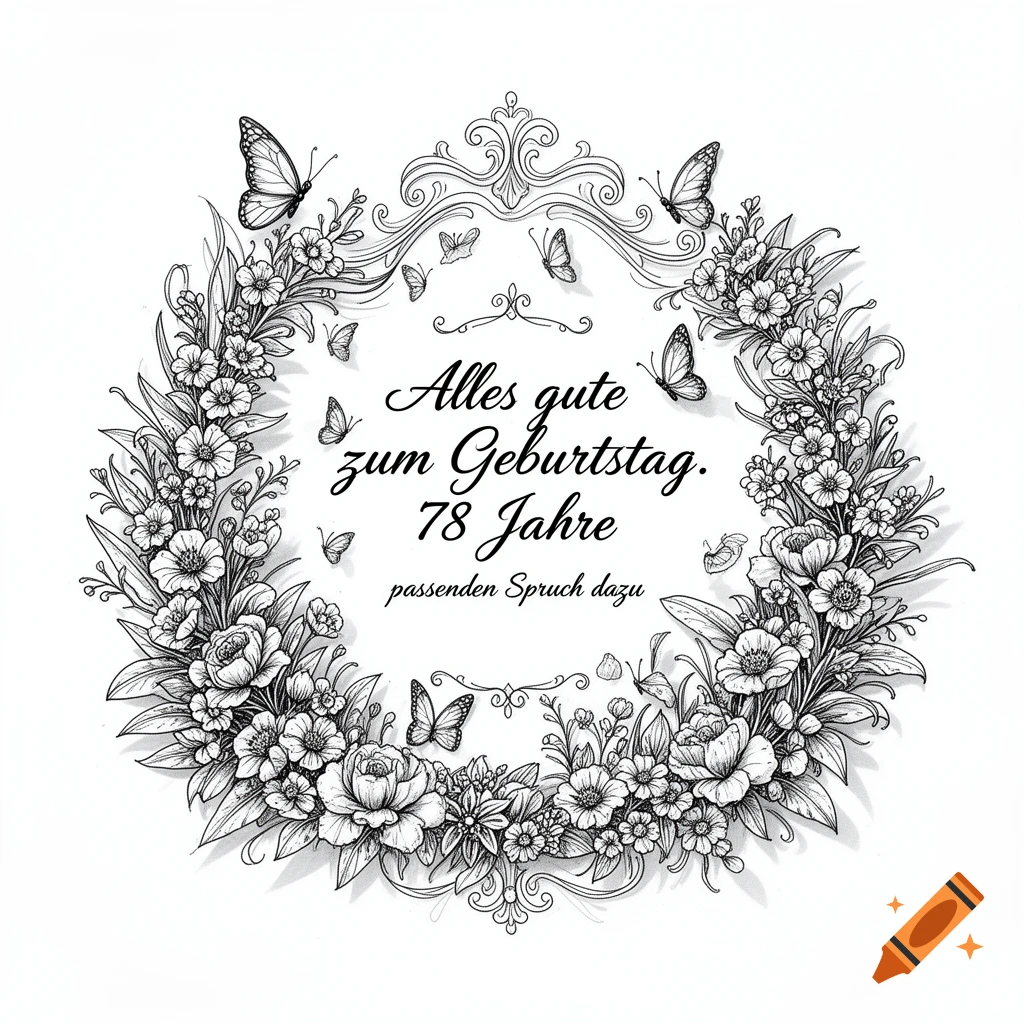 Black and white line art of a floral wreath with butterflies, surrounding a birthday greeting for '78 Jahre'.