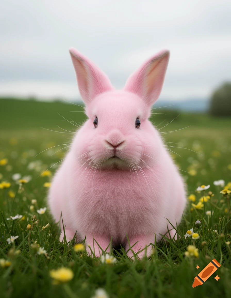 A fluffy pink bunny with large ears sits in a green meadow filled with white and yellow wildflowers.