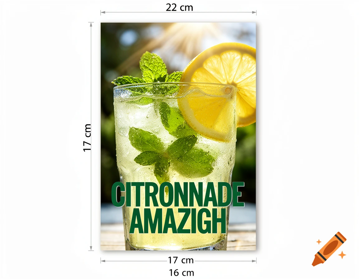 A refreshing glass of iced lemonade with mint and a lemon slice, with the text "CITRONNADE AMAZIGH" at the bottom.