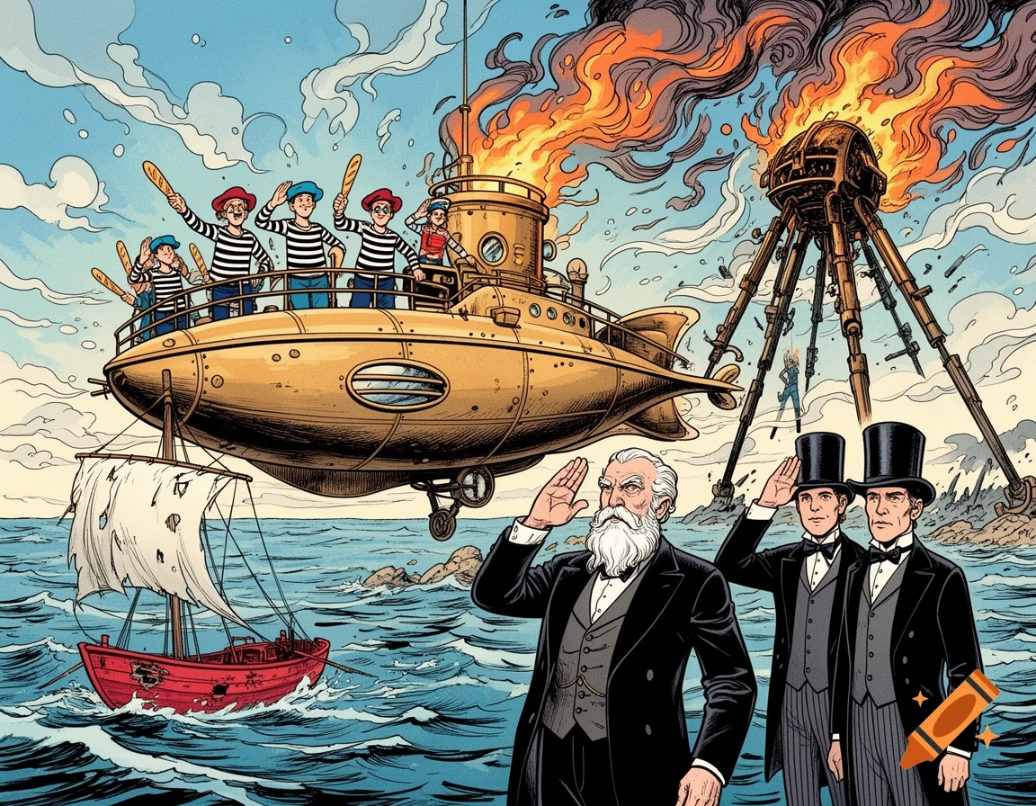 Comic art showing Jules Verne's Nautilus, a burning tripod, Captain Nemo, and crew saluting with baguettes at sea.