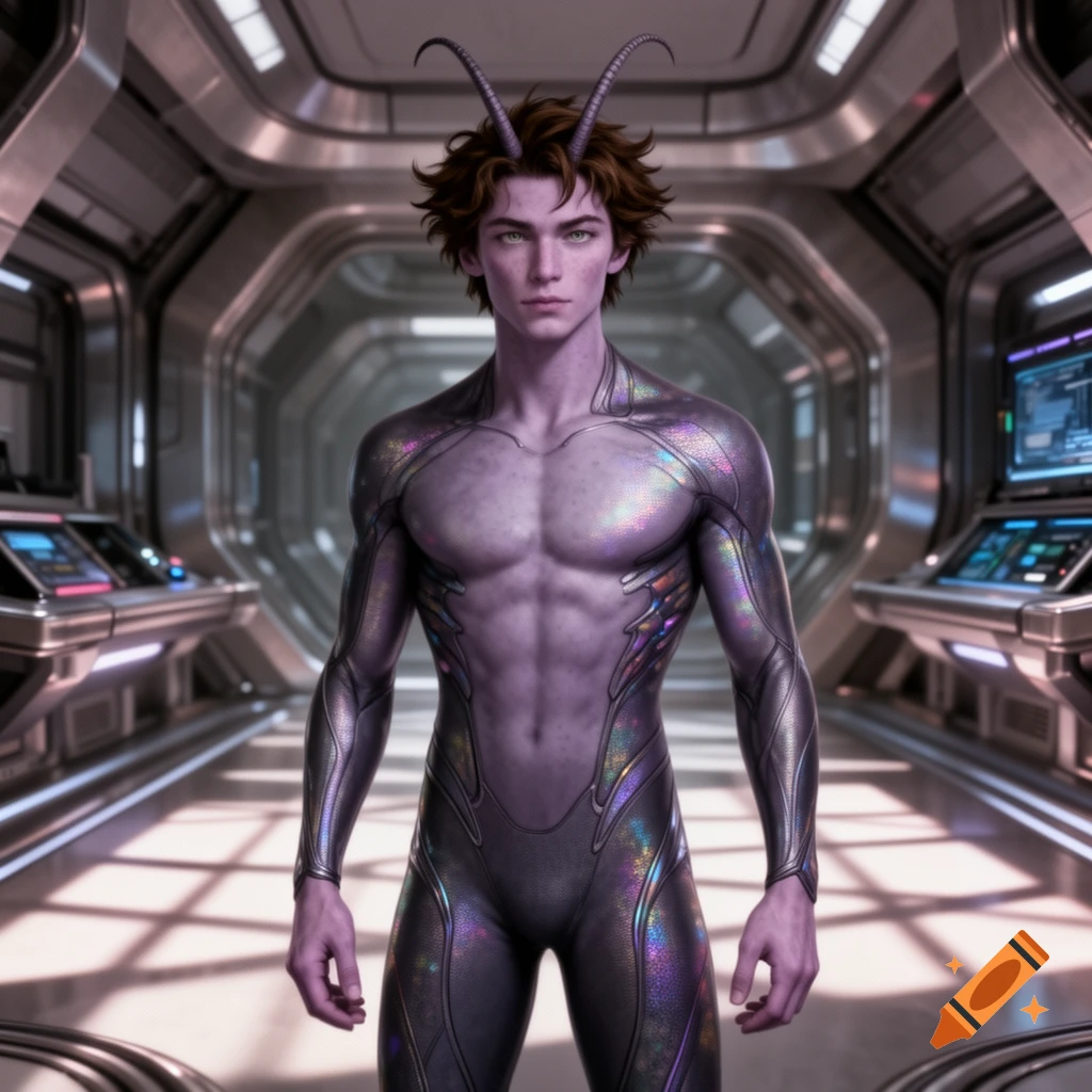 A young man with purple-grey skin and antennae, wearing a shiny iridescent suit, stands in a futuristic spaceship corridor.