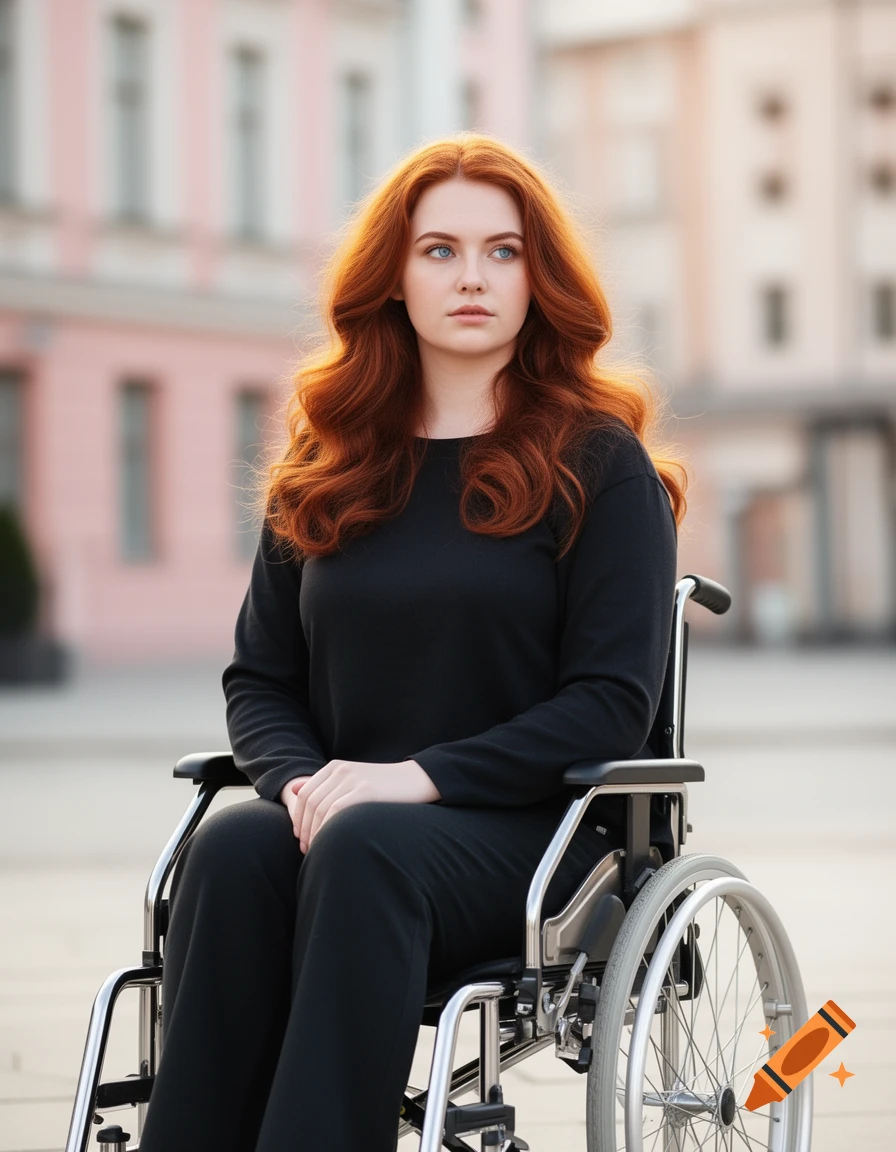 A young woman with long, wavy red hair and blue eyes, dressed in black, sits in a wheelchair outdoors with buildings behind her.