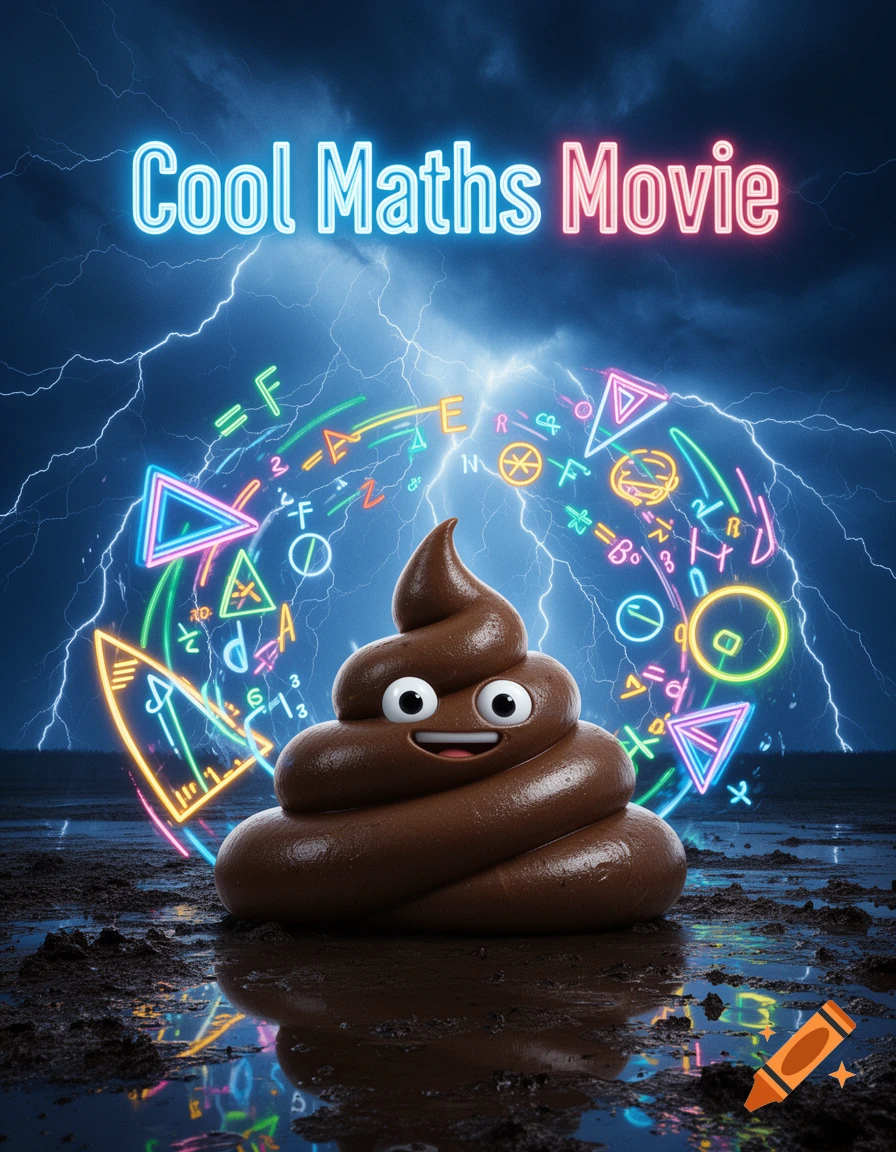 A smiling poop emoji on muddy ground under a stormy sky with lightning, surrounded by neon math symbols, and 'Cool Maths Movie' text.