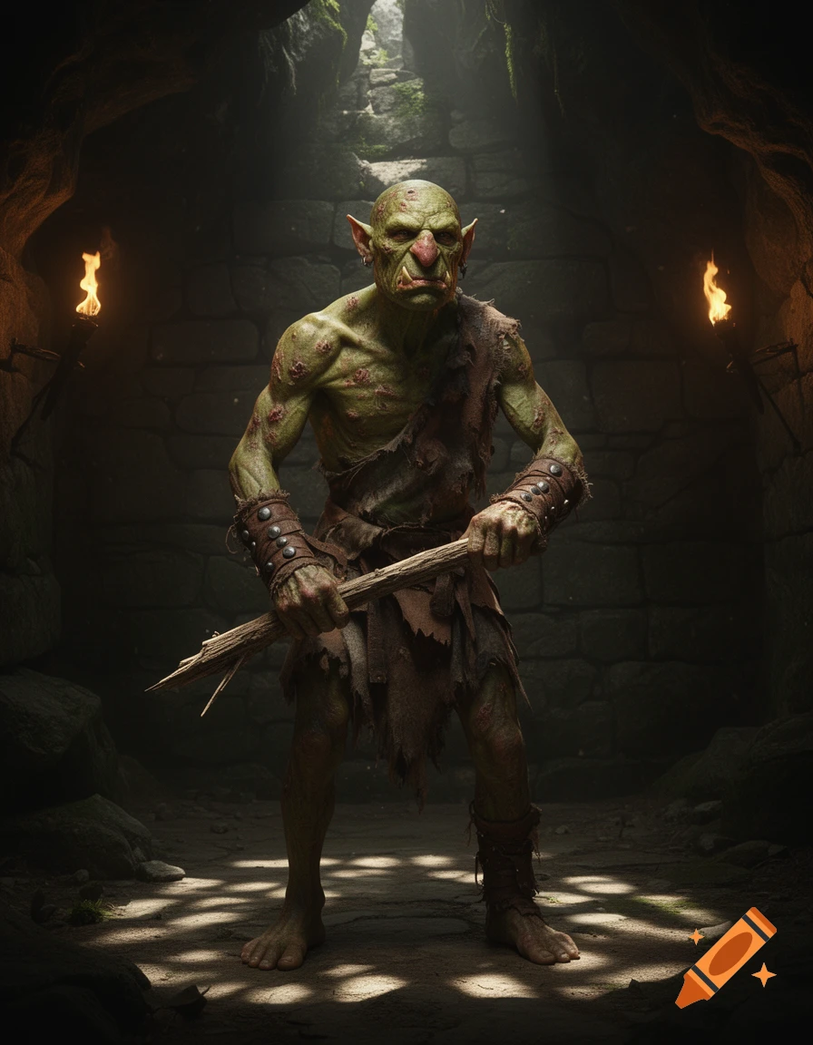 A scrawny green-skinned orc-like creature with a prominent red nose stands in a dark cave, holding a wooden club. Torches light the stone walls, and light streams from an opening above.