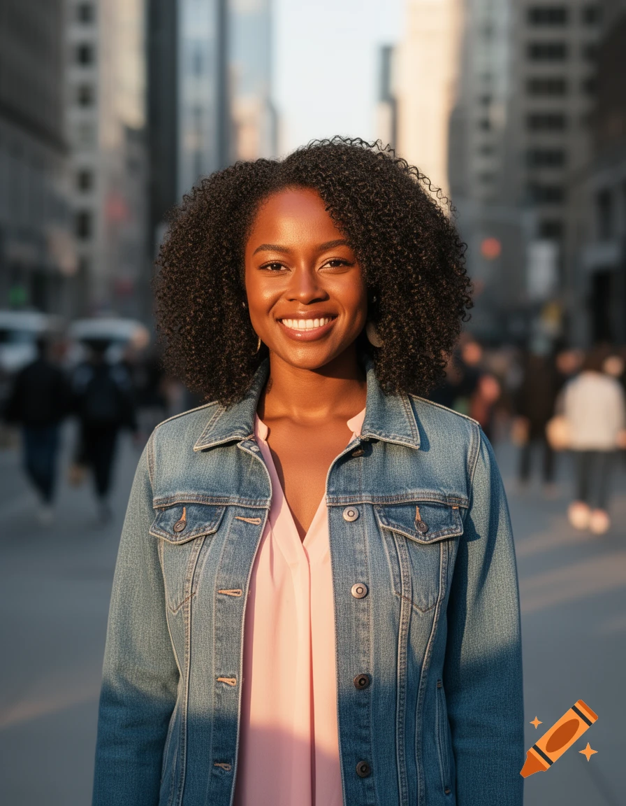 A smiling young Black woman with curly hair wears a denim jacket over a pink top, standing on a sunny city street.