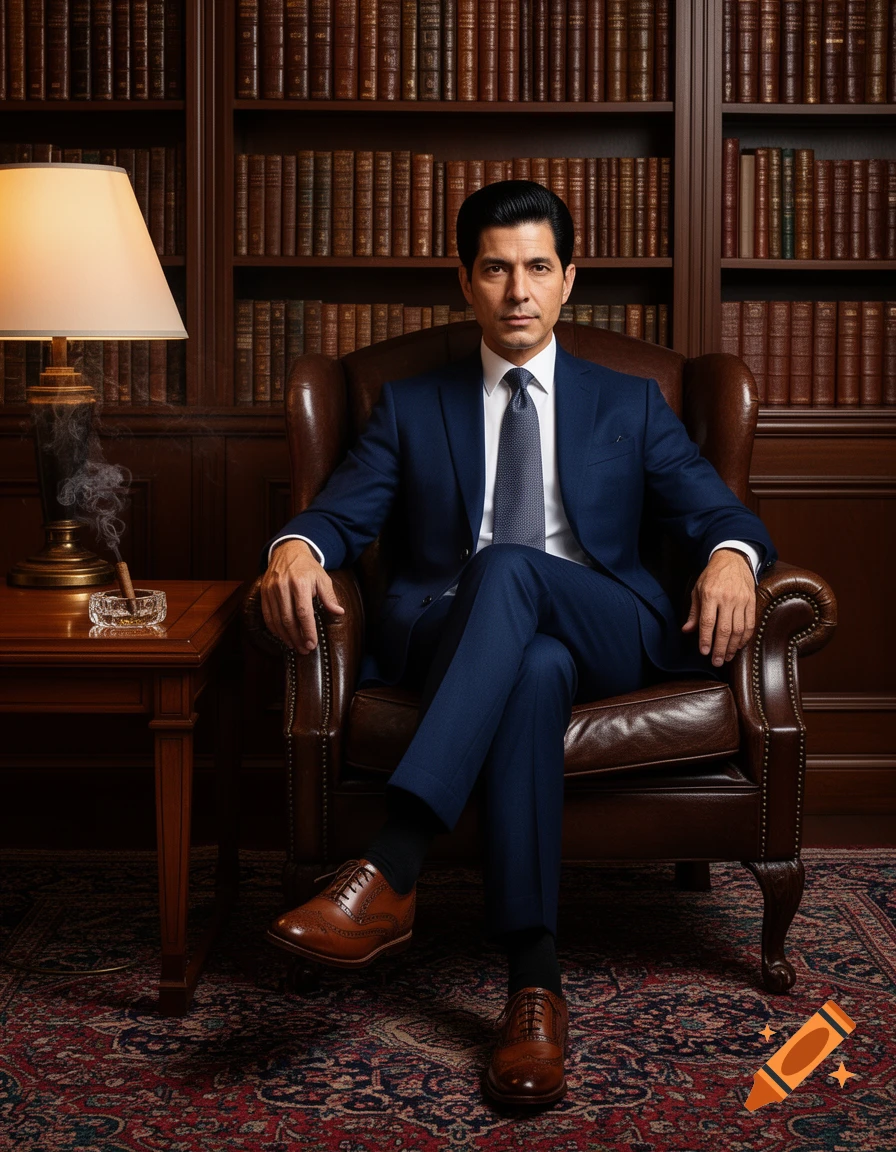 A man in a navy suit sits in a leather armchair in a wood-paneled library with bookshelves, a lamp, and a cigar.