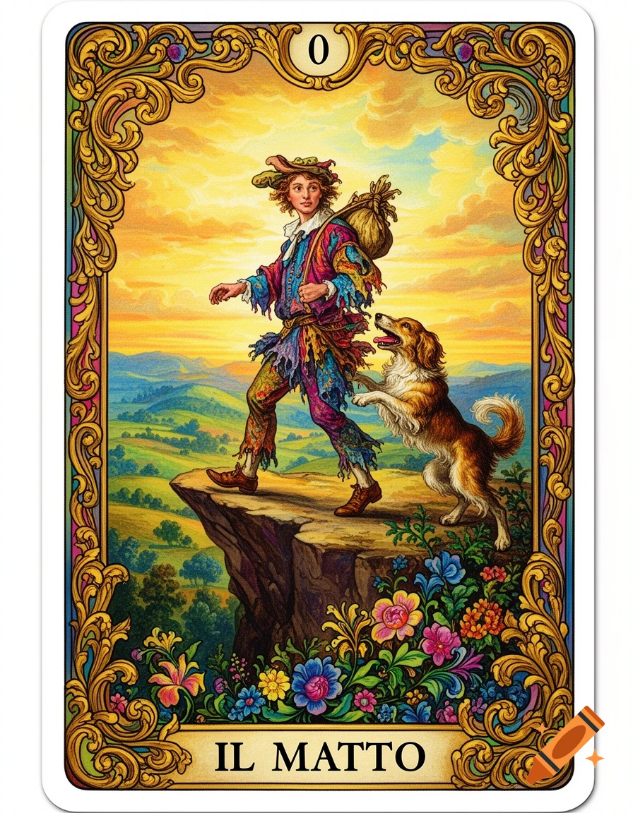 An ornate tarot card, number 0 "Il Matto" (The Fool), depicting a man in colorful rags walking with a dog on a cliff edge.