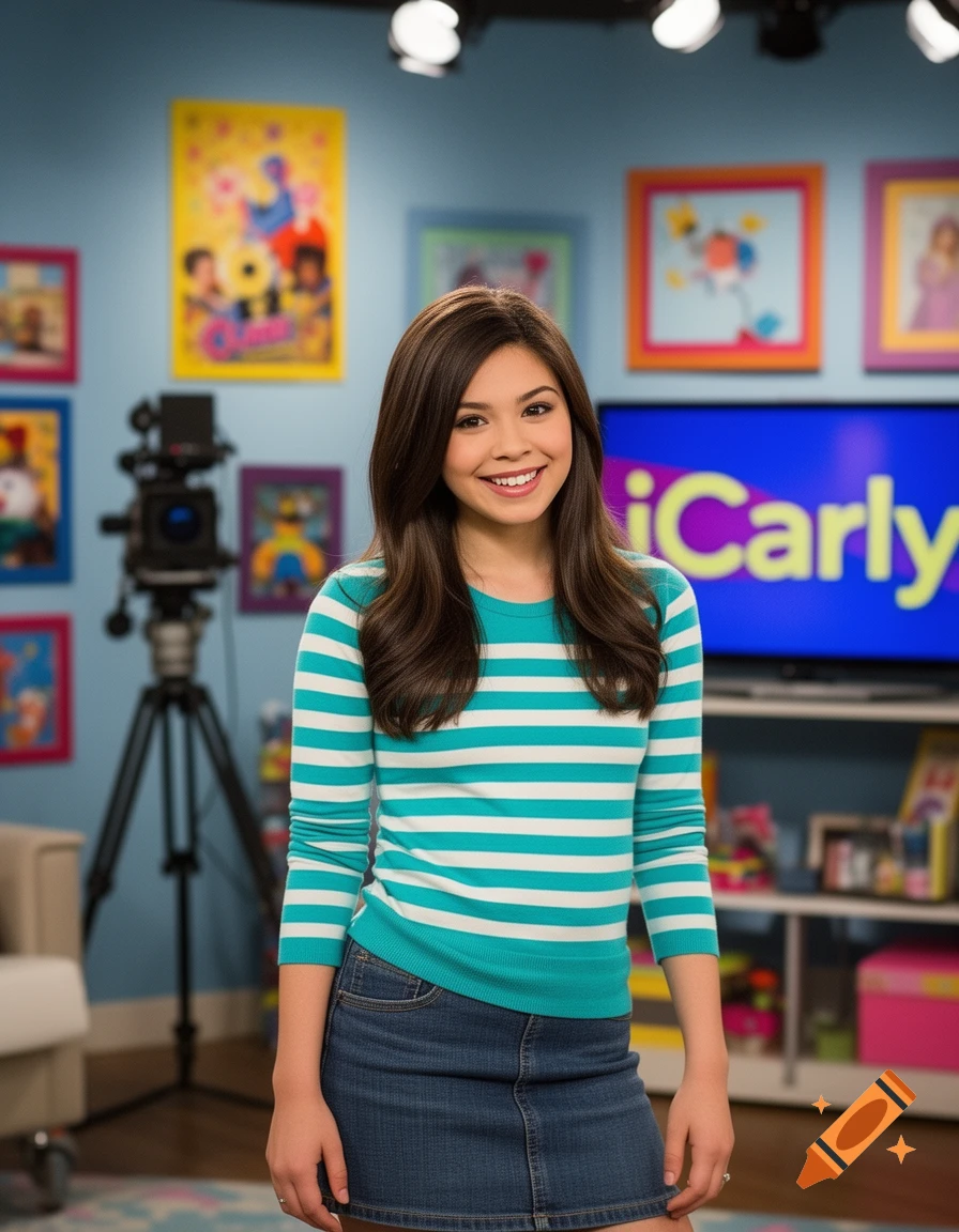 A young woman with long brown hair, wearing a striped teal and white sweater and a denim skirt, smiles in a colorful TV studio with an 'iCarly' screen in the background.