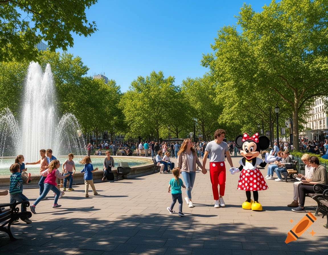 A sunny park scene with a fountain, a family, and Minnie Mouse walking on a paved path surrounded by green trees and other people.